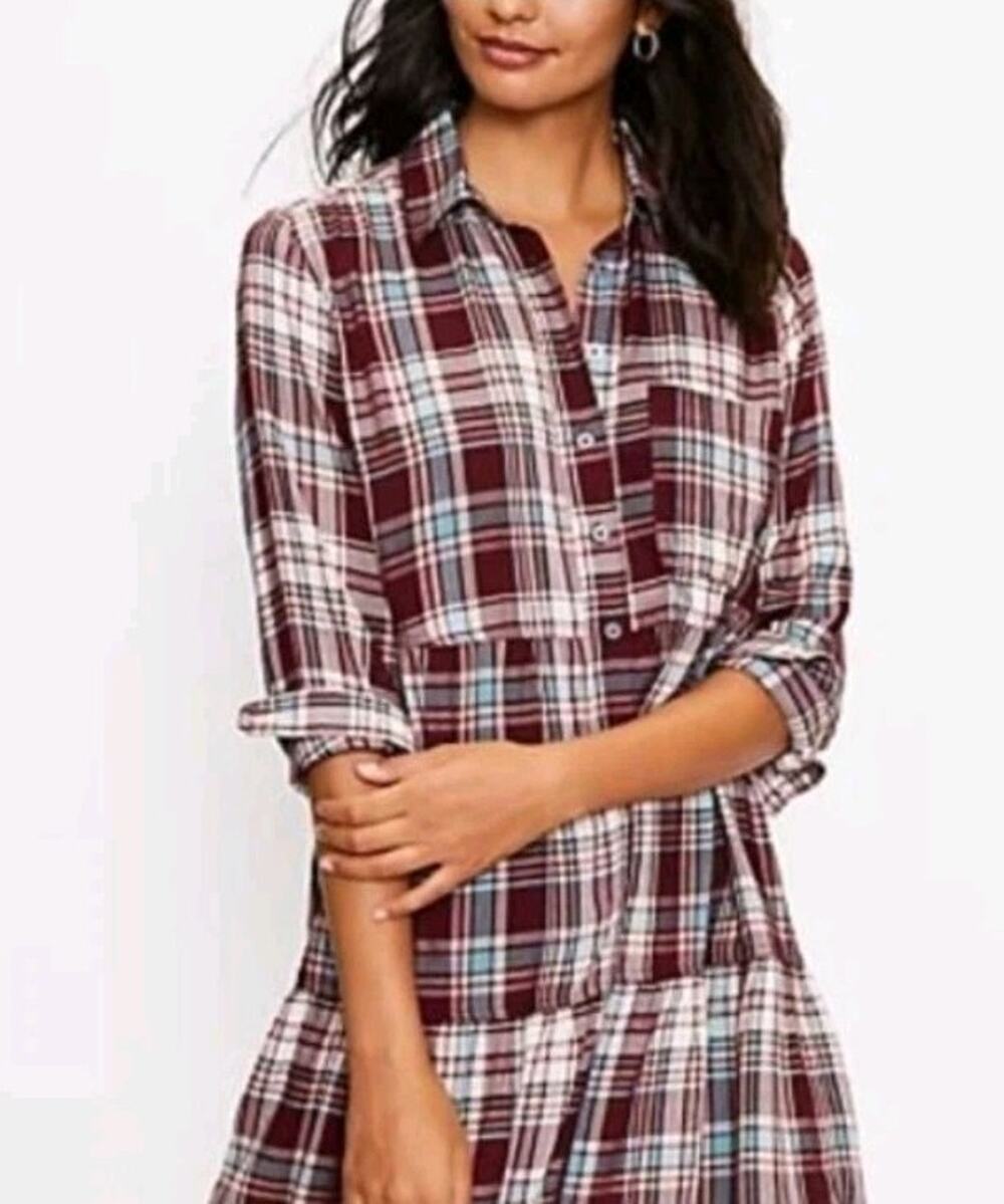 LOFT Plaid Tiered Shirtdress Women's Medium Petite MP Cotton Holiday Cabincore